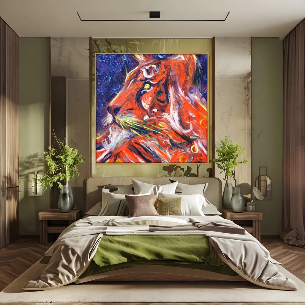 Tablou canvas cu pictura abstracta cu profil de leu, in rama de aluminiu auriu, pe perete intr-un dormitor